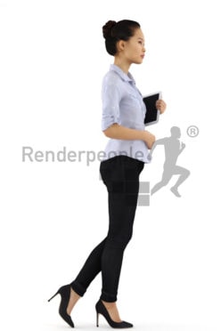 3d people business, asian 3d woman walking with a tablet in her hand