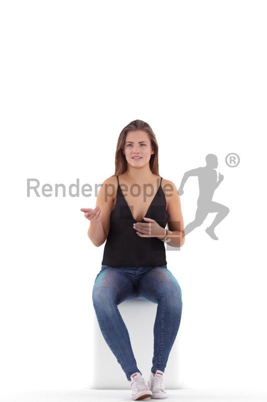 Posed 3D People model for renderings – european woman in daily look sitting and communicating