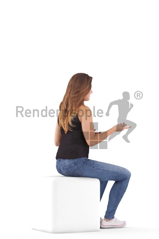 Posed 3D People model for renderings – european woman in daily look sitting and communicating