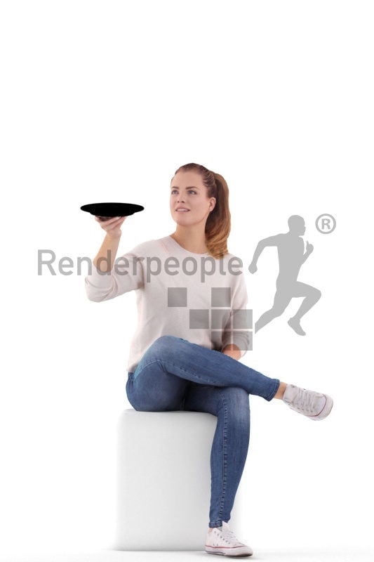 Scanned human 3D model by Renderpeople – european woman sitting and holding a plate