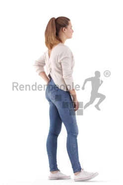 Posed 3D People model for visualization – white woman in daily look, standing and waiting