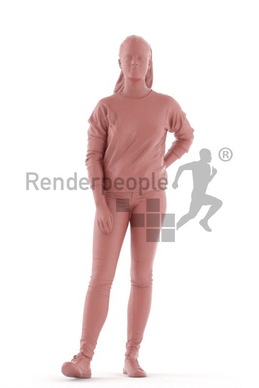 Posed 3D People model for visualization – white woman in daily look, standing and waiting
