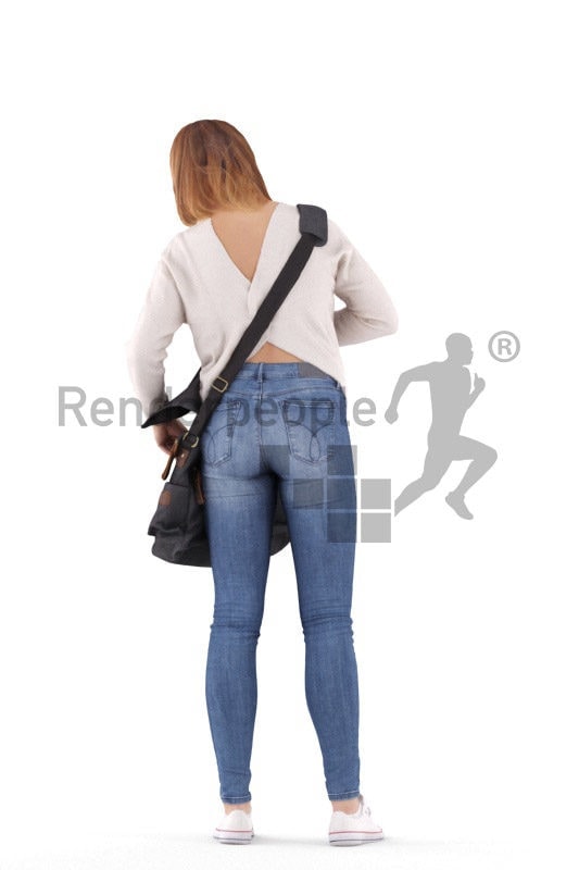 Scanned human 3D model by Renderpeople – european woman in a daily outfit, searching for something in her bag