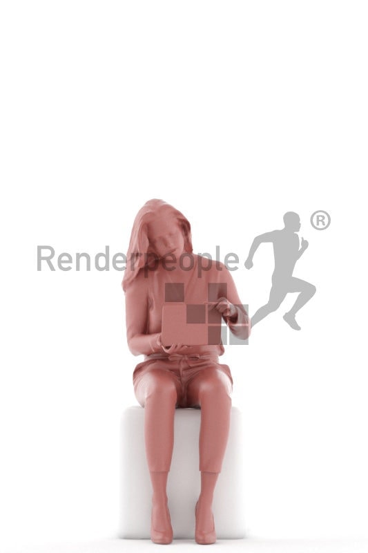 Scanned 3D People model for visualization – asian female in business look, holding a folder