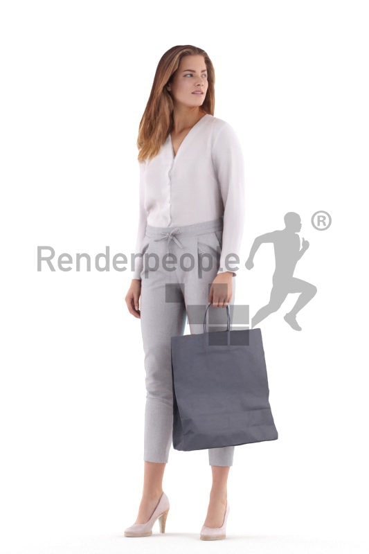 Posed 3D People model for visualization – euroepan woman in smart casual look, standing and holding a paperbag