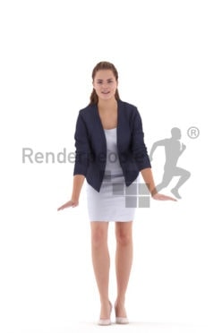 Photorealistic 3D People model by Renderpeople – white woman in office look, leaning on the table