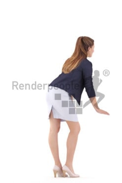 Photorealistic 3D People model by Renderpeople – white woman in office look, leaning on the table