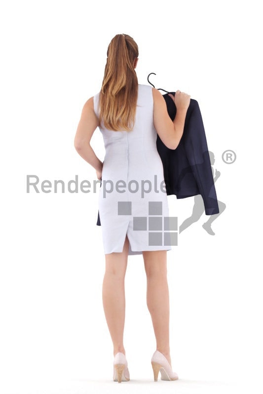 Posed 3D People model for renderings – european woman in business look, looking for a fitting jacket
