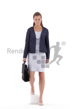 Photorealistic 3D People model by Renderpeople – european female in business clothing, walking downstairs and holding a bag