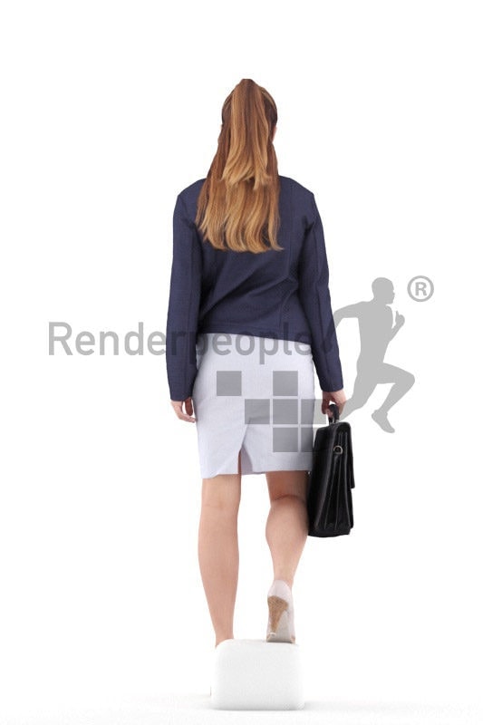 Photorealistic 3D People model by Renderpeople – european female in business clothing, walking downstairs and holding a bag