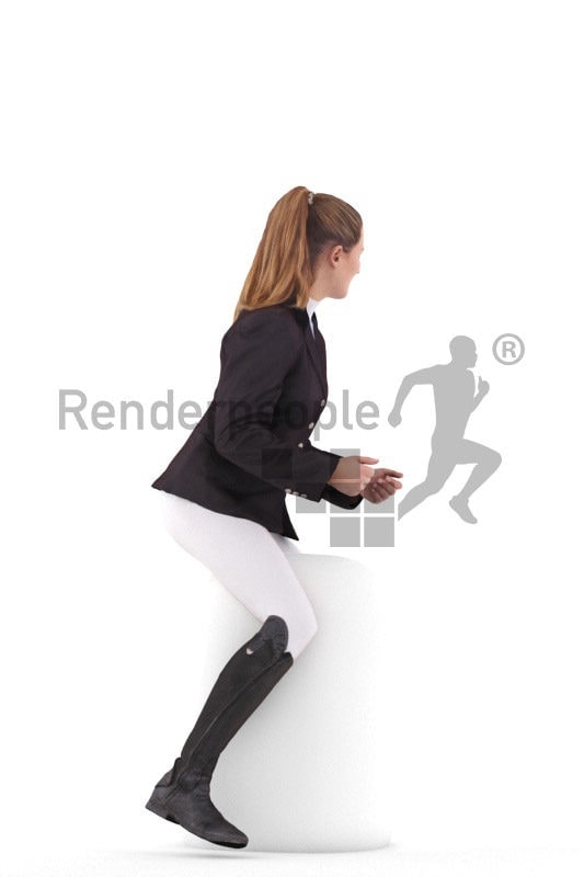 Posed 3D People model for renderings – european woman in riding outfit, riding a horse