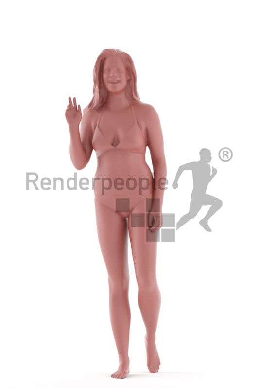Posed 3D People model by Renderpeople – white woman in bikini, walking and greeting