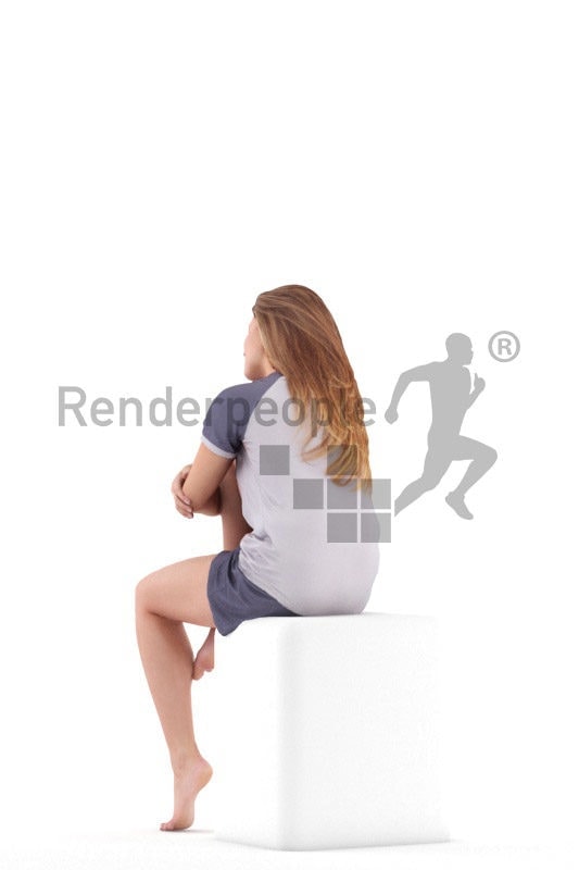 Posed 3D People model for visualization – european woman in shorty pyjama, sitting and listening
