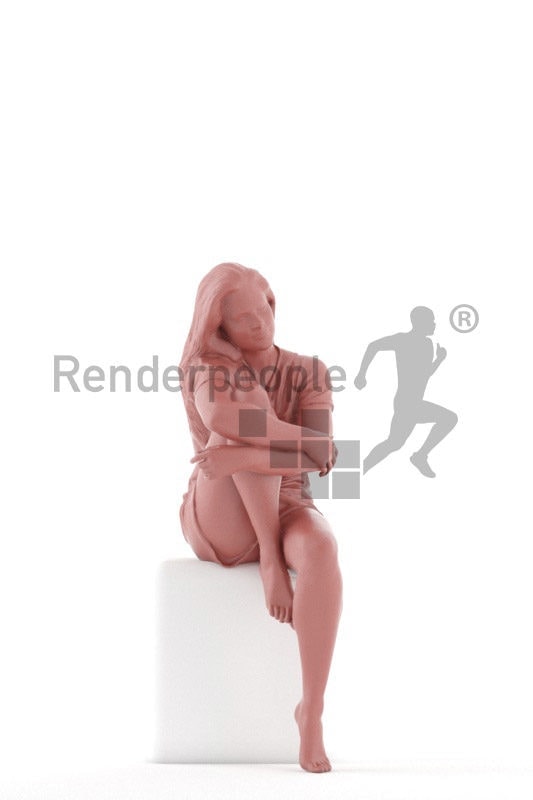 Posed 3D People model for visualization – european woman in shorty pyjama, sitting and listening