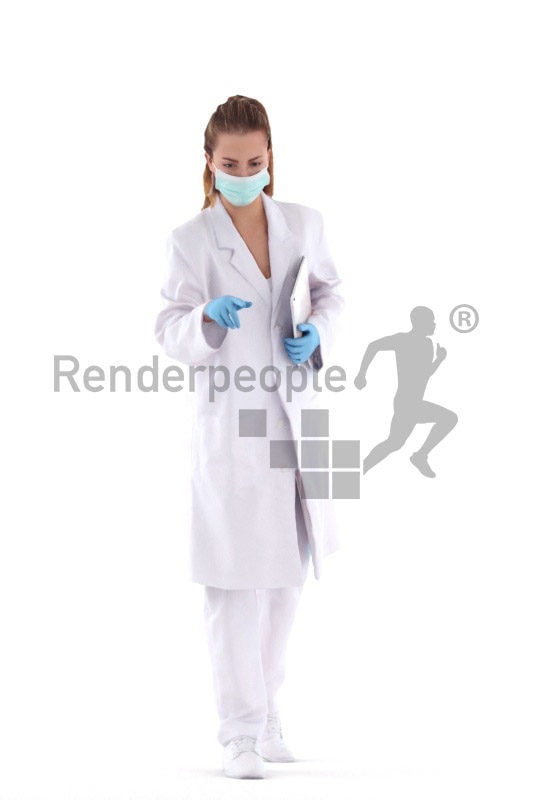 Posed 3D People model for visualization – european female doctor, with, gloves,mask and a clipboard, pointing on something