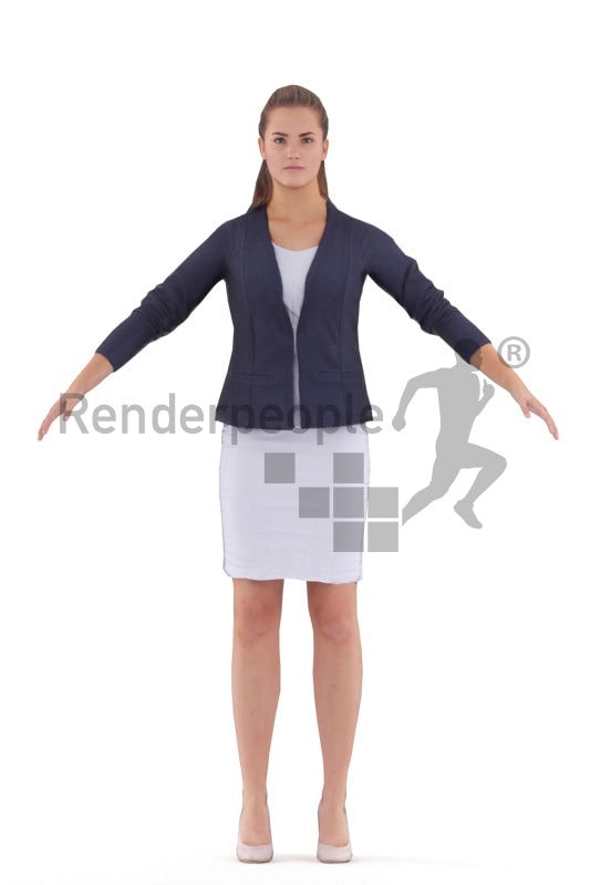 Rigged and retopologized 3D People model – European woman in business outfit, skirt, ponytail