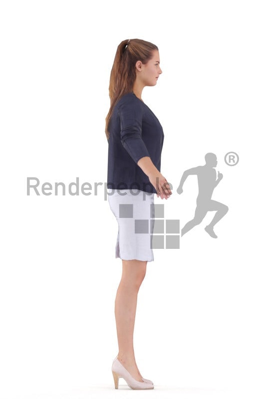 Rigged and retopologized 3D People model – European woman in business outfit, skirt, ponytail