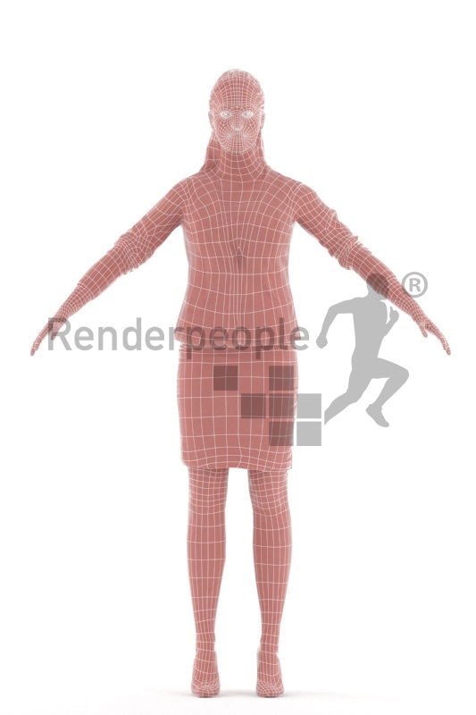 Rigged and retopologized 3D People model – European woran in business outfit, skirt, ponytail