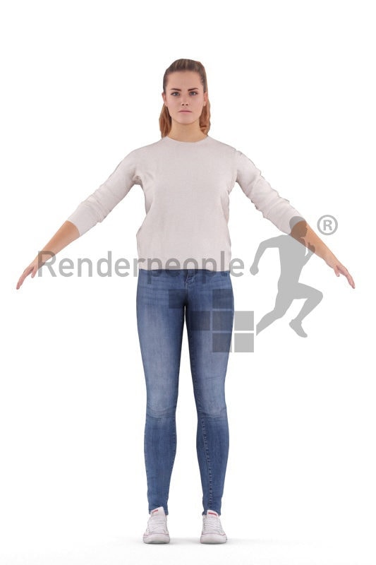 Rigged human 3D model by Renderpeople – White Woman with daily spring outfit