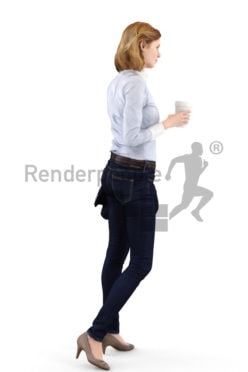 3d people business, white 3d woman holding a cup and carrying her blazer