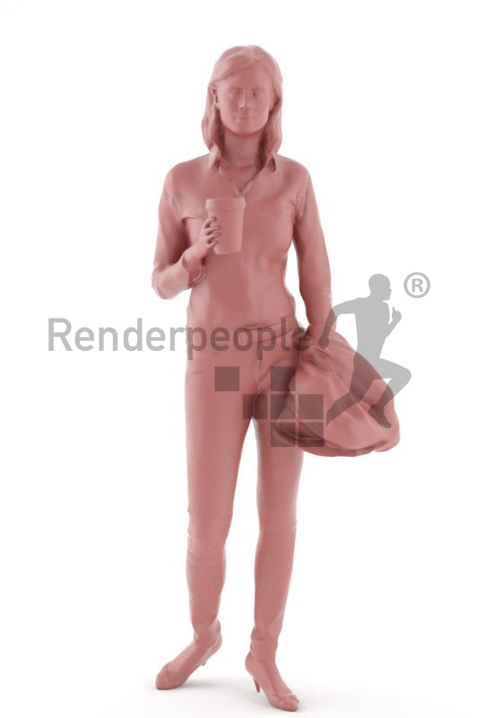 3d people business, white 3d woman holding a cup and carrying her blazer