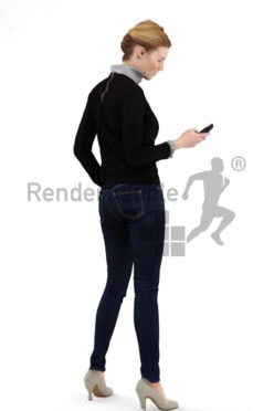 3d people casual, white 3d woman standing and typing on her phone