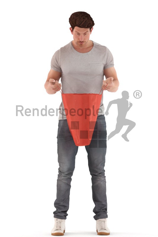 3d people casual, jung man looking into a bag