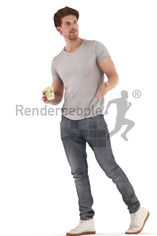 3d people casual, young man walking debating with a cup in his hand