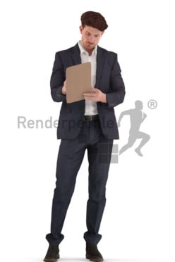 3d people business, young man standing and taking notes