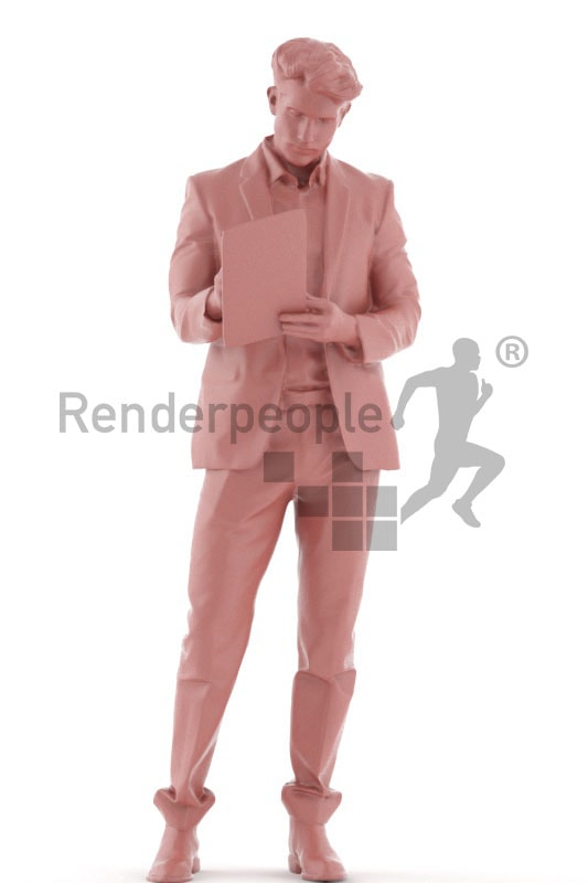 3d people business, young man standing and taking notes