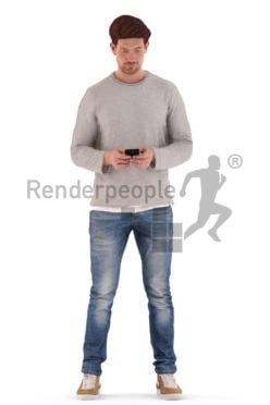 3d people casual, young 3d man standing and typing
