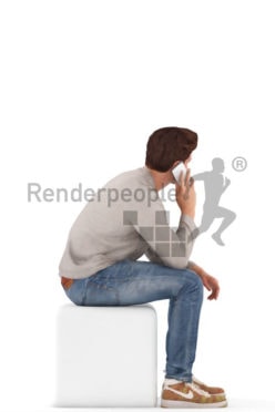 3d people casual, young 3d man sitting and calling