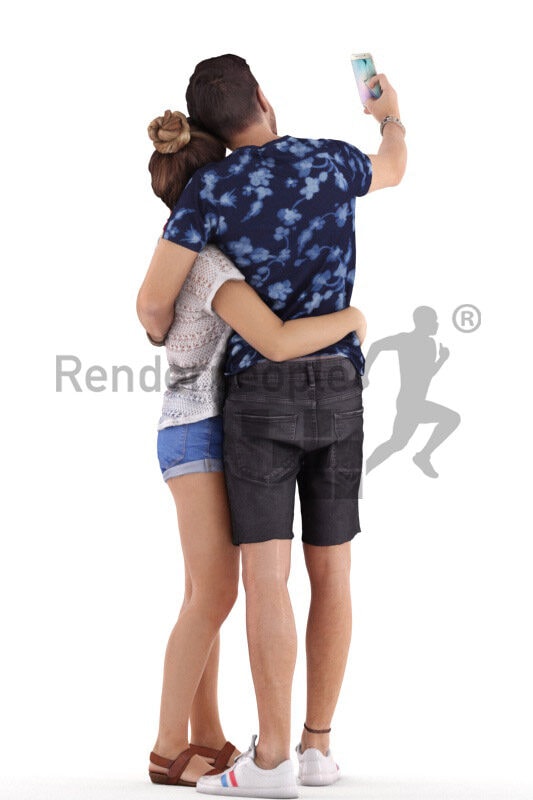 Posed 3D People model for renderings – european couple in casual summer look, taking a selfie