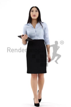 3d people business, asian 3d woman walking and carrying a tablet