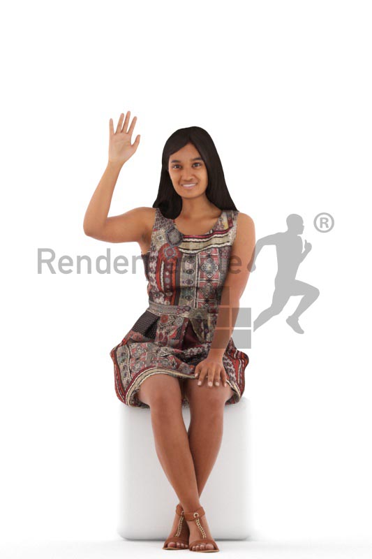 3d people casual, young woman sitting and waving