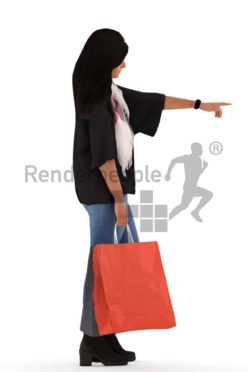 3d people casual, indian 3d woman shopping and pointing