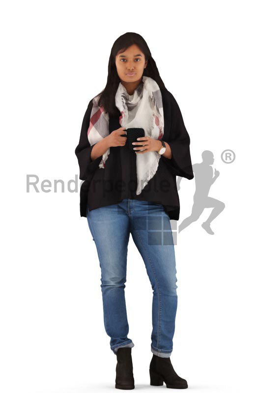 3d people casual, indian 3d woman standing with a cup