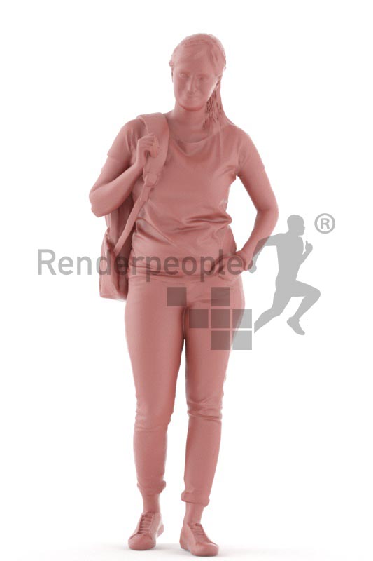 3d people casual, indian 3d woman standing, waiting with a backpack