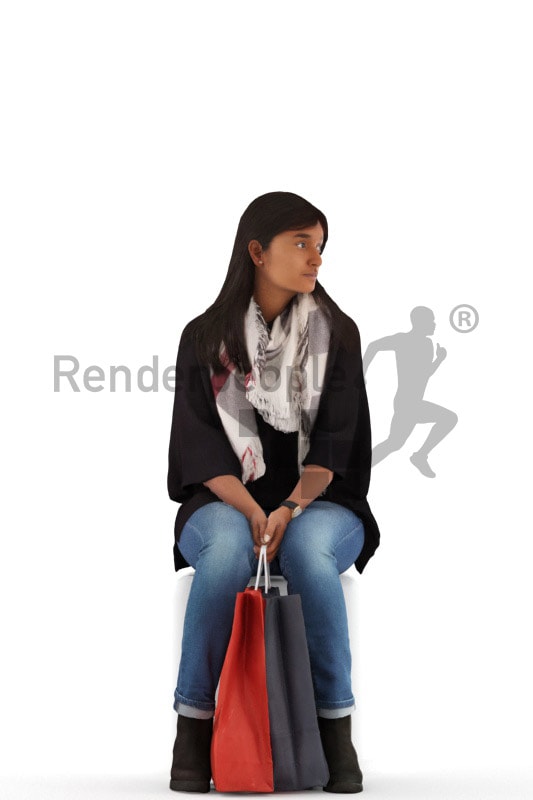3d people casual, indian 3d woman sitting and shopping