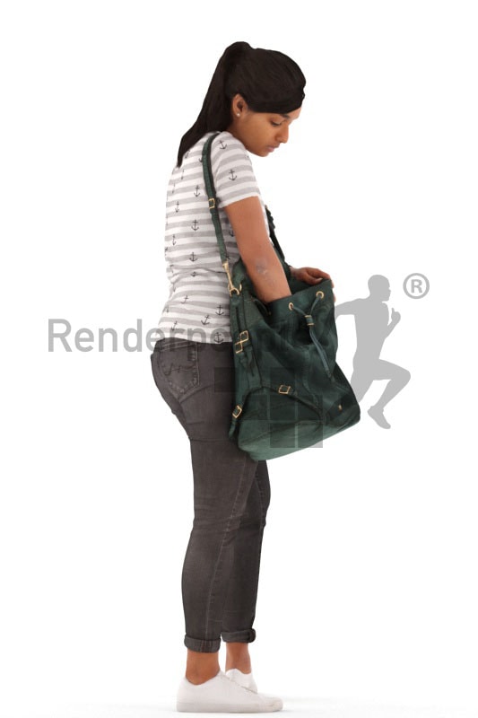 3d people casual, indian 3d woman standing searching in her bag