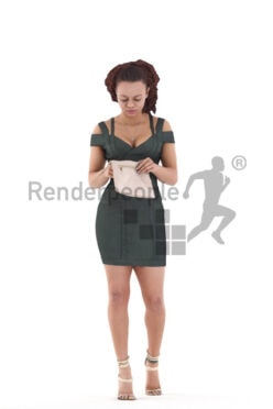 Posed 3D People model for renderings – black woman in chic event dress, walking and searching in her bag