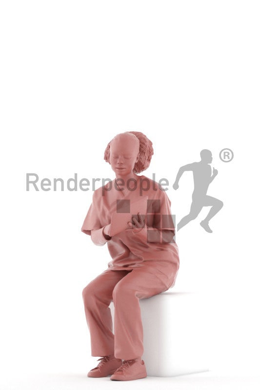 Posed 3D People model by Renderpeople – black woman in healthcare outfit, sitting and showing something on the tablet