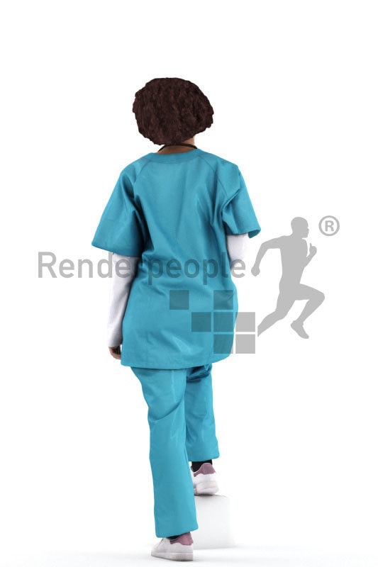 Scanned 3D People model for visualization – black female in medical outfit, holding a clipboard and walking upstairs