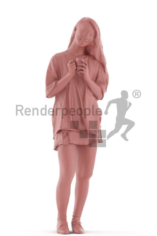 3d people casual, asian 3d woman standing holding mug