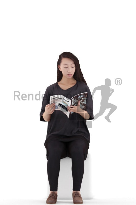 3D People model for 3ds Max and Maya – asian woman in homewear, sitting and reading a magazine