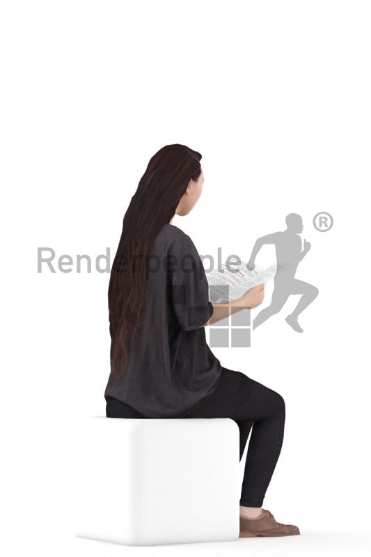 3D People model for 3ds Max and Maya – asian woman in homewear, sitting and reading a magazine