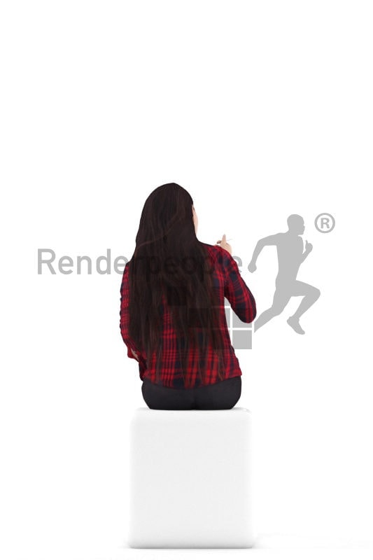 Posed 3D People model for visualization – asian woman wearing a shirt, sitting and eating