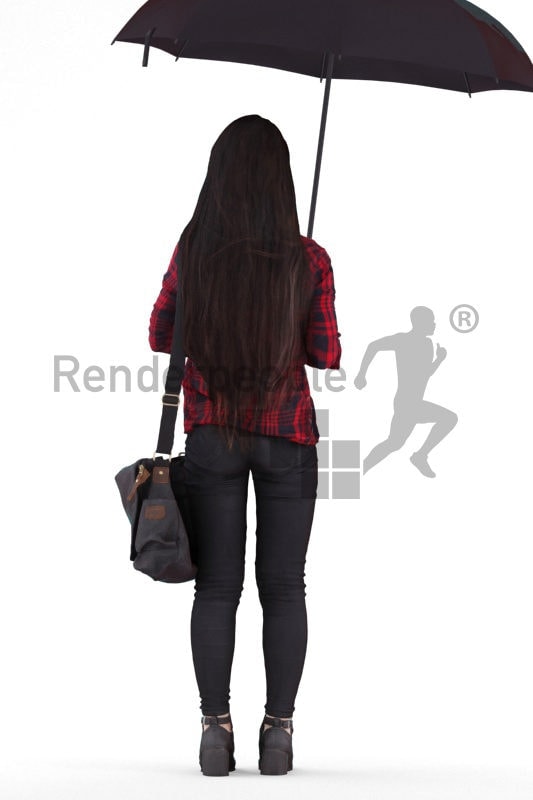 Photorealistic 3D People model by Renderpeople – asian woman in campus look, standing with a bag and an umbrella