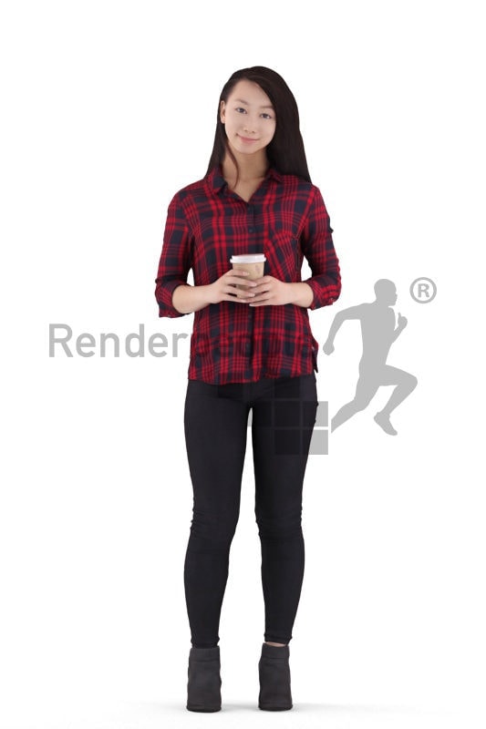 Posed 3D People model for visualization – asian woman woth daily clothes, standing and holding a coffe to go cup