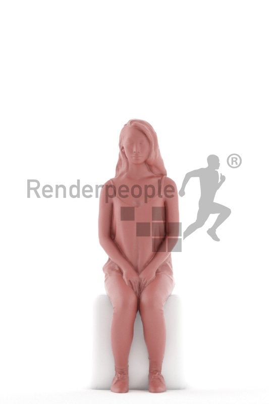 Posed 3D People model for renderings – asian woman in daily spring outfit, sitting